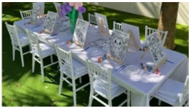 Canvas Painting Station kids table and chair rental set up for a kids party in Miami, 8 ft table · 10 kids